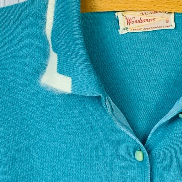 Wondameres Vintage Teal Wool Cardigan Short Sleeve Mid Century Sweater Size L - Picture 3 of 7